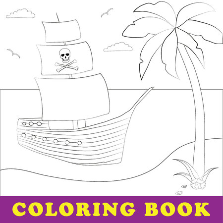 Children coloring book. Pirate ship on the seashore. Pirates of the Caribbean. Palm and sea coastのイラスト素材