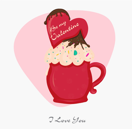 Love postcard. Dessert in a mug with whipped cream and candy hearts with an inscription Valentine's Dayのイラスト素材