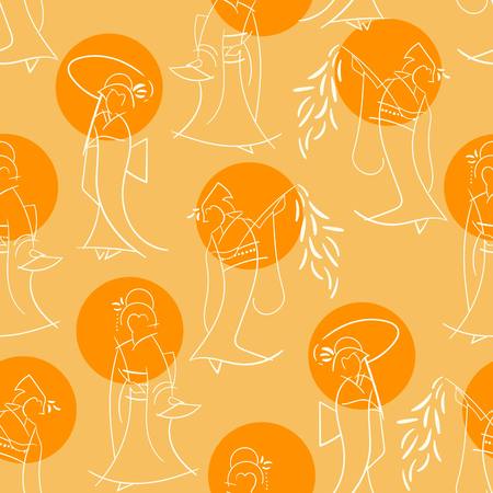 Kyoto dancing geisha vintage inspired seamless illustrated pattern for fabrics, interior design, parties, gift wrap and more!のイラスト素材