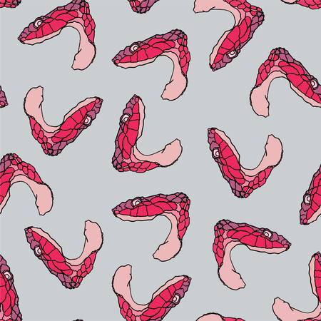 Pop art snake head seamless illustrated pattern. Interesting accent print for fabric, gift wrap, stationery, kids, and interior design.のイラスト素材