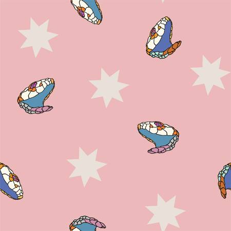 Pop art snake head seamless illustrated pattern. Interesting accent print for fabric, gift wrap, stationery, kids, and interior design.のイラスト素材