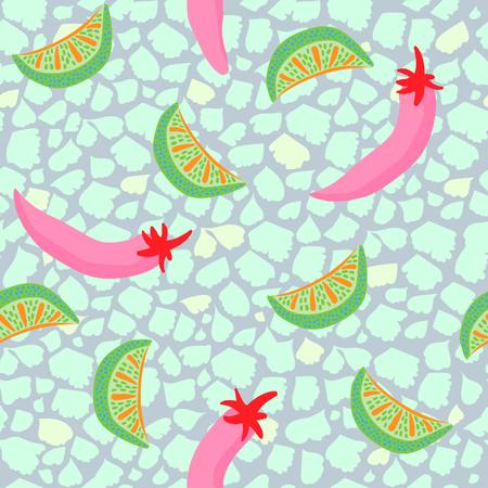 Taco inspired pop art seamless illustrated pattern! Tasty & colorful print perfect for restaurants, parties, fabrics, stationery, and more!のイラスト素材