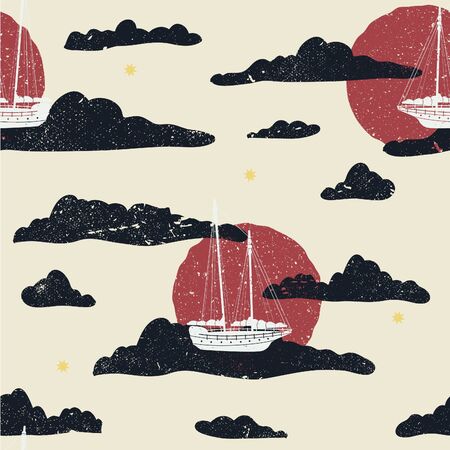 Whimsical flying sailboats seamless illustrated pattern.のイラスト素材