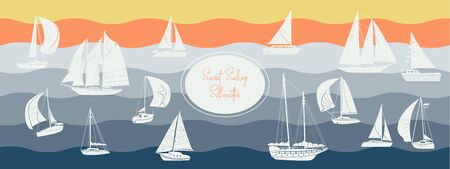 Sunset sailing white silhouette vector pack.