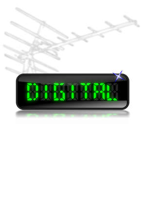 Illustration of an LCD display with the word 'digital' in glowing green letters with reflection below and modern digital Tv aerial aboveの写真素材