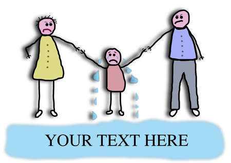 Child-like illustration of two parents tugging a child who is crying into a large pool of tearsの写真素材