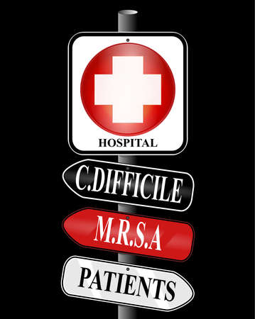Illustration of a hospital sign nailed to a pole above two arrow signs stating known hospital infections of Clostridium difficile and MRSA with a lower third sign pointing patients in the opposite direction. Image on a black background.の写真素材