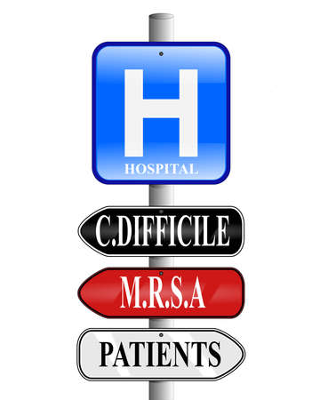 Illustration of a hospital sign nailed to a pole above two arrow signs stating known hospital infections of Clostridium difficile and MRSA with a lower third sign pointing patients in the opposite direction. Isolated on a white background.の写真素材
