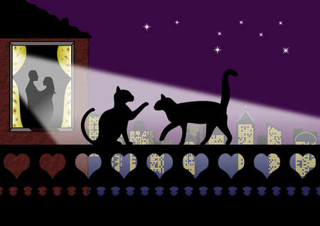 Silhouette of cats on a wall of hearts with romantic couple at windowの写真素材