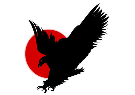 Silhouette of eagle over red sun symbolの写真素材