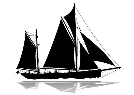 Detailed sailing boat silhouette with lower reflectionの写真素材
