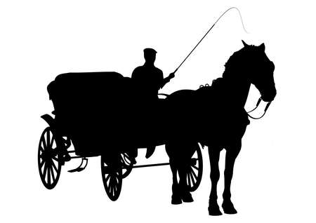 Horse and carriage silhouette with figure holding whipの写真素材