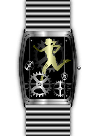 Silver watch movement with gold woman running through the cogsの写真素材