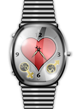 Illustration of a watch with central heart above symbols for 'male' and 'female'.の写真素材