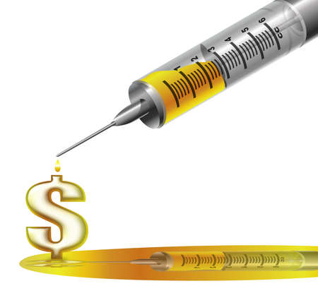 A medical syringe filled with gold liquid over a gold dollar symbol. In reference to injecting cash into your business. Reflection below.の写真素材