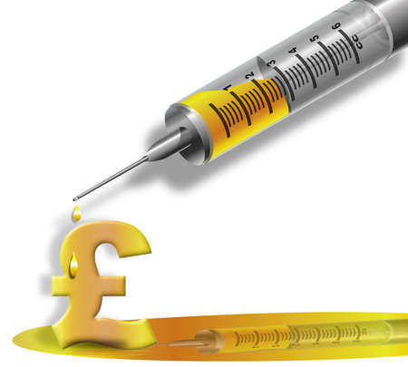 Medical syringe filled with gold liquid over a pound sterling symbolの写真素材