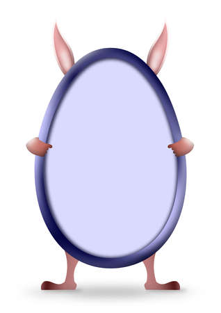Easter egg shape in blue with rabbit behind showing hands, feet and big earsの写真素材