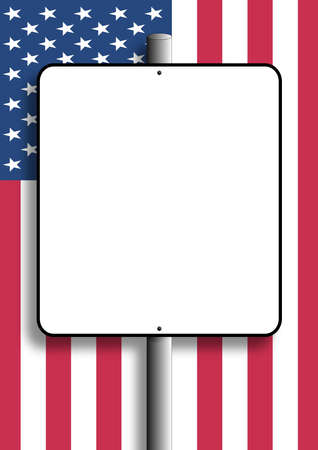 Copy space sign with shadow nailed to pole over flag of USA の写真素材