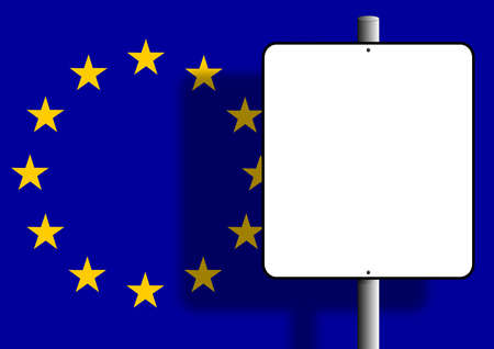 Flag of the european union under a blank sign nailed to a postの写真素材