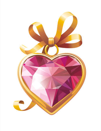  Gold heart shaped pendant with red ruby and golden bow. Use it as icon or decoration for your Valentine's design  のイラスト素材