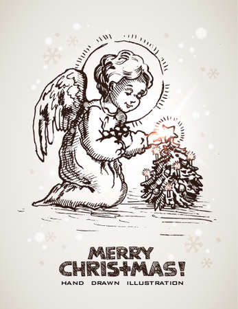 Hand drawn Christmas and New Years postcard with cute little angel decorating miniature Christmas tree.のイラスト素材