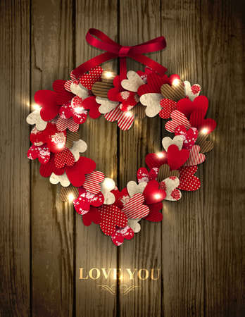 Valentine s wreath made of paper hearts in eco country style decorated with red bow and sparklesのイラスト素材