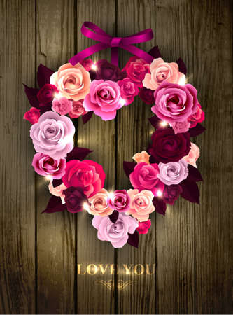 Valentine s wreath made of roses  decorated with bow and sparklesのイラスト素材