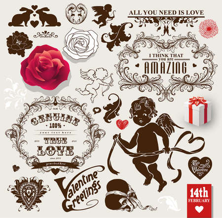 Valentines vector vintage set of frames, flowers and symbols of loveのイラスト素材