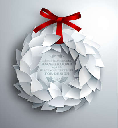 white wreath made of paper leaves decorated with red bow のイラスト素材