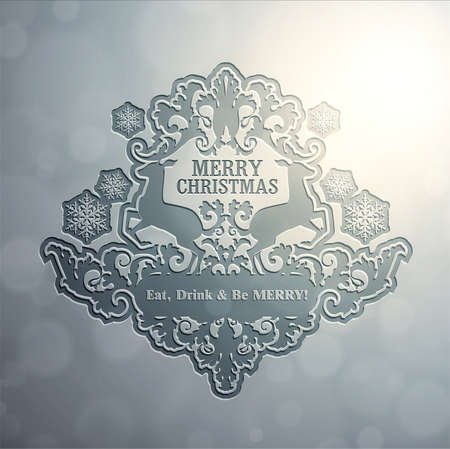 Christmas floral pressed effect frame with silhouettes of reindeers and snowflakes  のイラスト素材