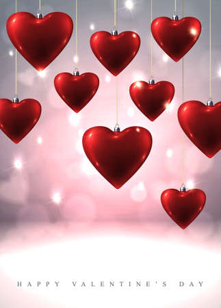 Sparkling Valentine s background with hanging red glass heartsのイラスト素材