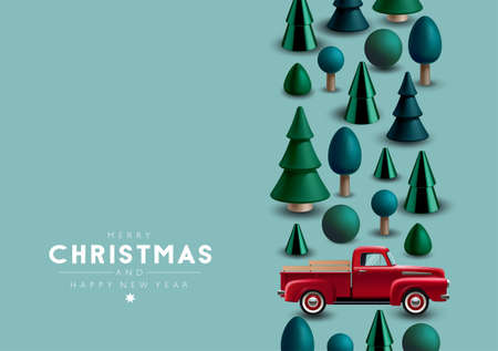 Christmas vertical border with Christmas trees and  vintage toy red pickup truck.のイラスト素材