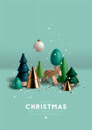 Christmas composition with Christmas trees and toy wooden deerのイラスト素材