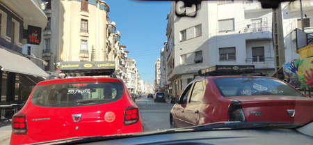 red petit taxis in morocco casablanca cityの写真素材