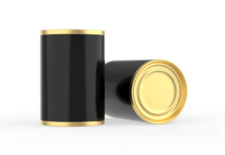 Metallic food tin can mockup template for fish, beans, meat, corns, peas and vegetables. Golden tin jar mock up for design presentation, 3d illustrationの写真素材