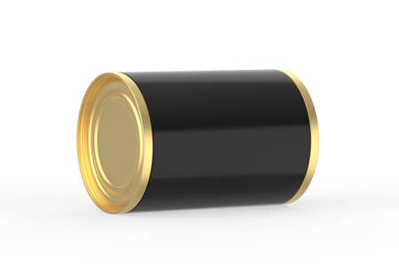 Metallic food tin can mockup template for fish, beans, meat, corns, peas and vegetables. Golden tin jar mock up for design presentation, 3d illustrationの写真素材