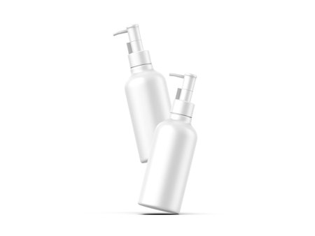 Cosmetic plastic bottle with dispenser pump. Liquid container for gel, lotion, cream, shampoo, bath foam. Beauty product package, 3d render illustration.の写真素材