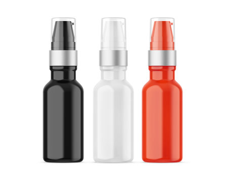 Red, black and white bottles. 3d illustration isolated on white backgroundの写真素材