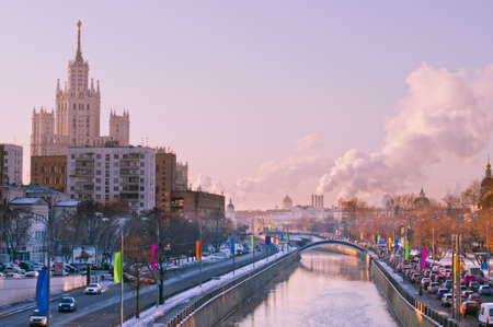 Yauza embankment with one of  Seven sisters , River in december 2012 の写真素材