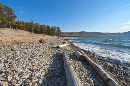 Log on Baikal beachの写真素材