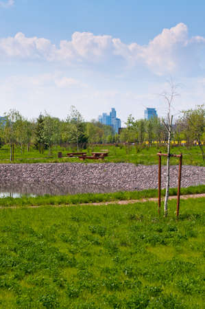 Walkway laying across a lawn, with trees and buildings on a backgroundの写真素材