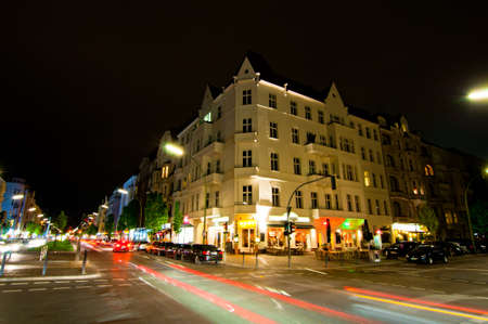 Kantstrasse at night with flash of moving cars, Berlin, May 2013.のeditorial素材