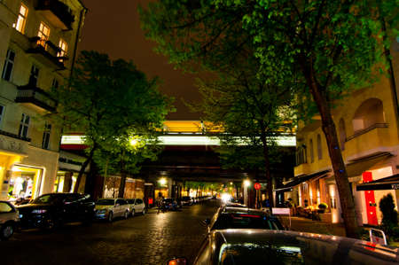 Savigny platz station at night with moving train. West Berlin, May 2013.のeditorial素材
