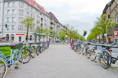 Entrance to Theodor-Heuss-Platz station of U-Bahn in Berlin with parked bycicles. Berlin, May 2013.のeditorial素材