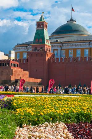 MOSCOW, RUSSIA - 23 JULY 2013  Flower carpet is placed on Red Square in reason of 120 Anniversary of GUM  central market  のeditorial素材