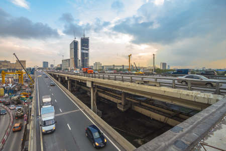 Many cars on third transport ring, railroad, Panorama of Moscow, Russiaのeditorial素材