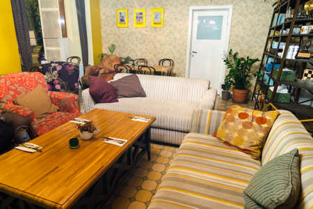 Moscow restaurant interior. Empty "Golubka" space at evening.の写真素材