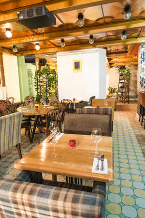 Moscow restaurant interior. Empty "Golubka" space at evening.の写真素材