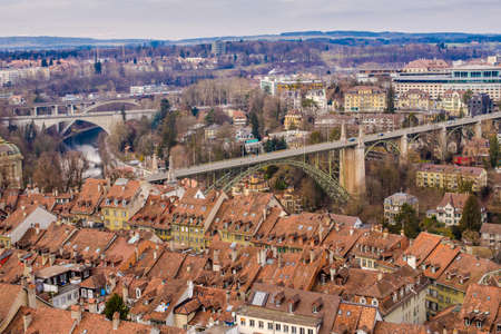 Bridge under Aare in bern with cityscapeの写真素材