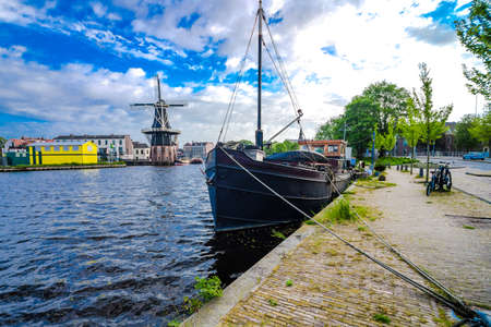 HAARLEM, NETHERLANDS - 11 May 2014. Scenic Spaarne River and the city on 11 May in Haarlem, Netherlands.のeditorial素材